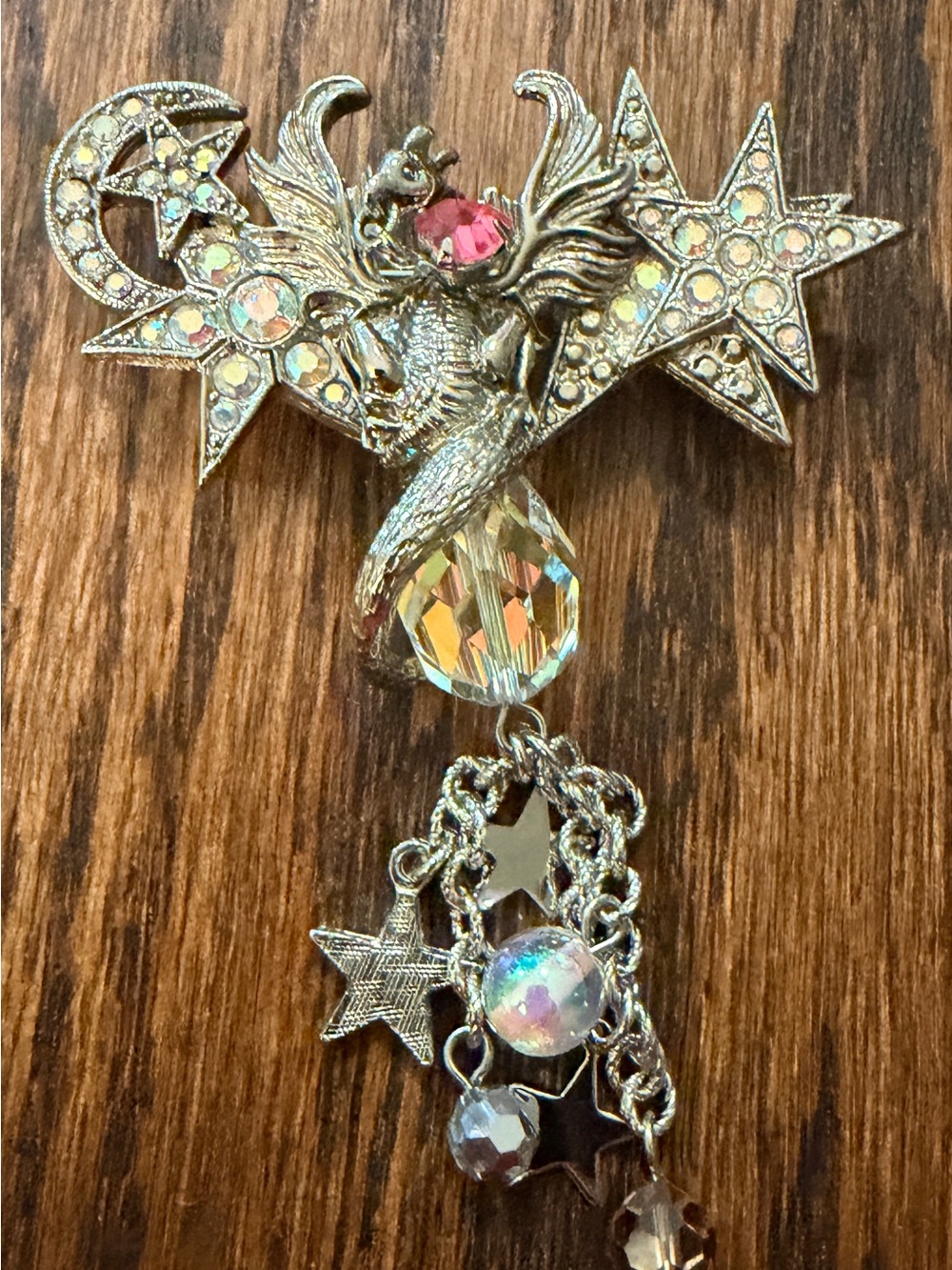 Silver Crystal Phoenix & Star Dangle Brooch with Pink Accent